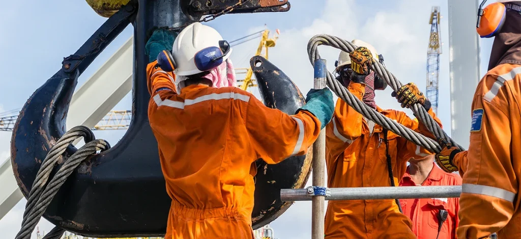 Workers handling large wire rope