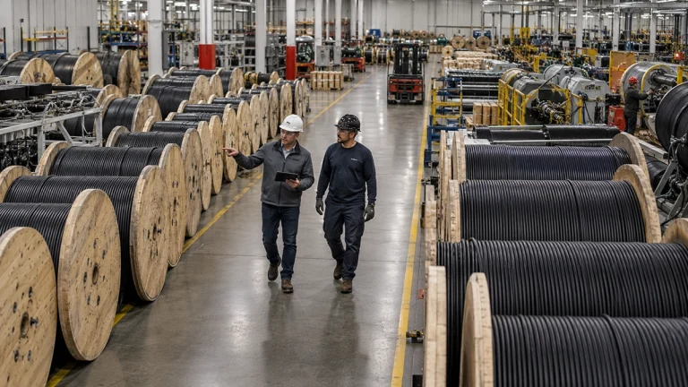 two warehouse workers reviewing cable on wooden reels Rubicon ERP Solutions