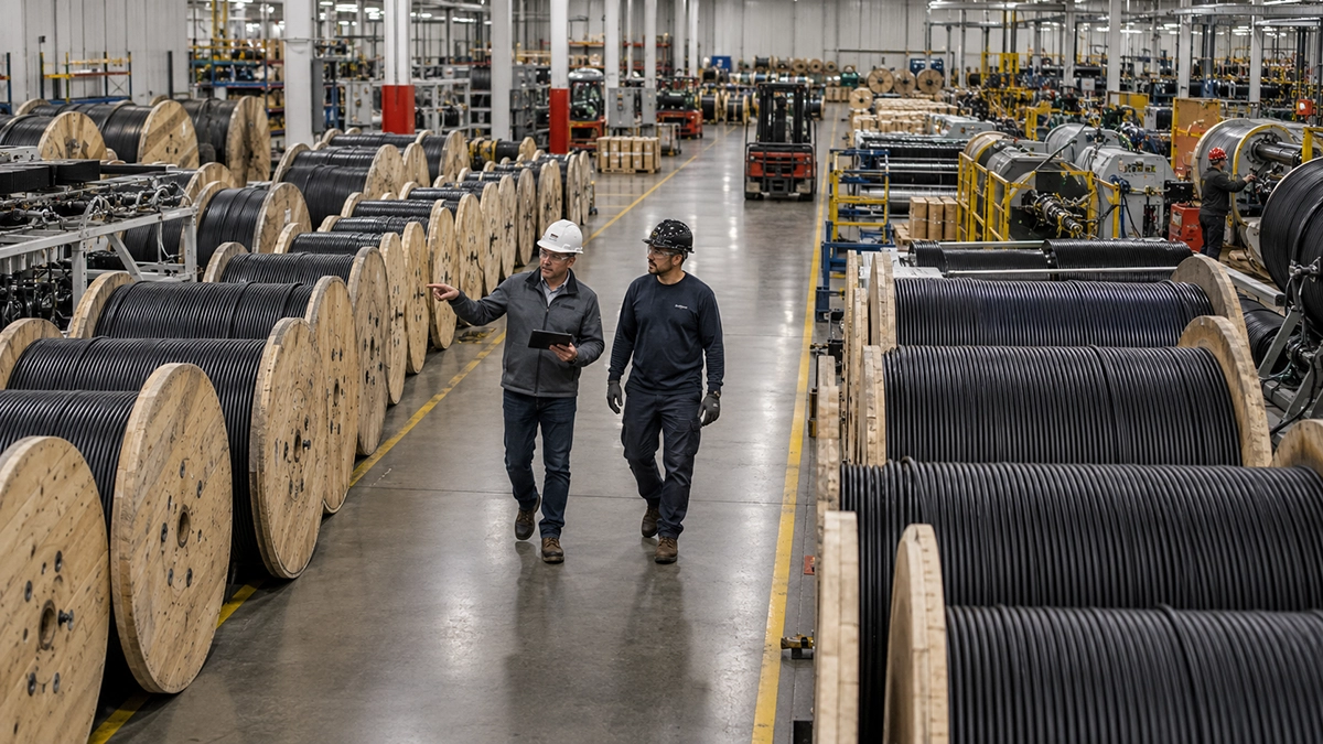 What is Cloud-Based ERP Software? 1 The Rubicon Group two warehouse workers reviewing cable on wooden reels Rubicon ERP Solutions
