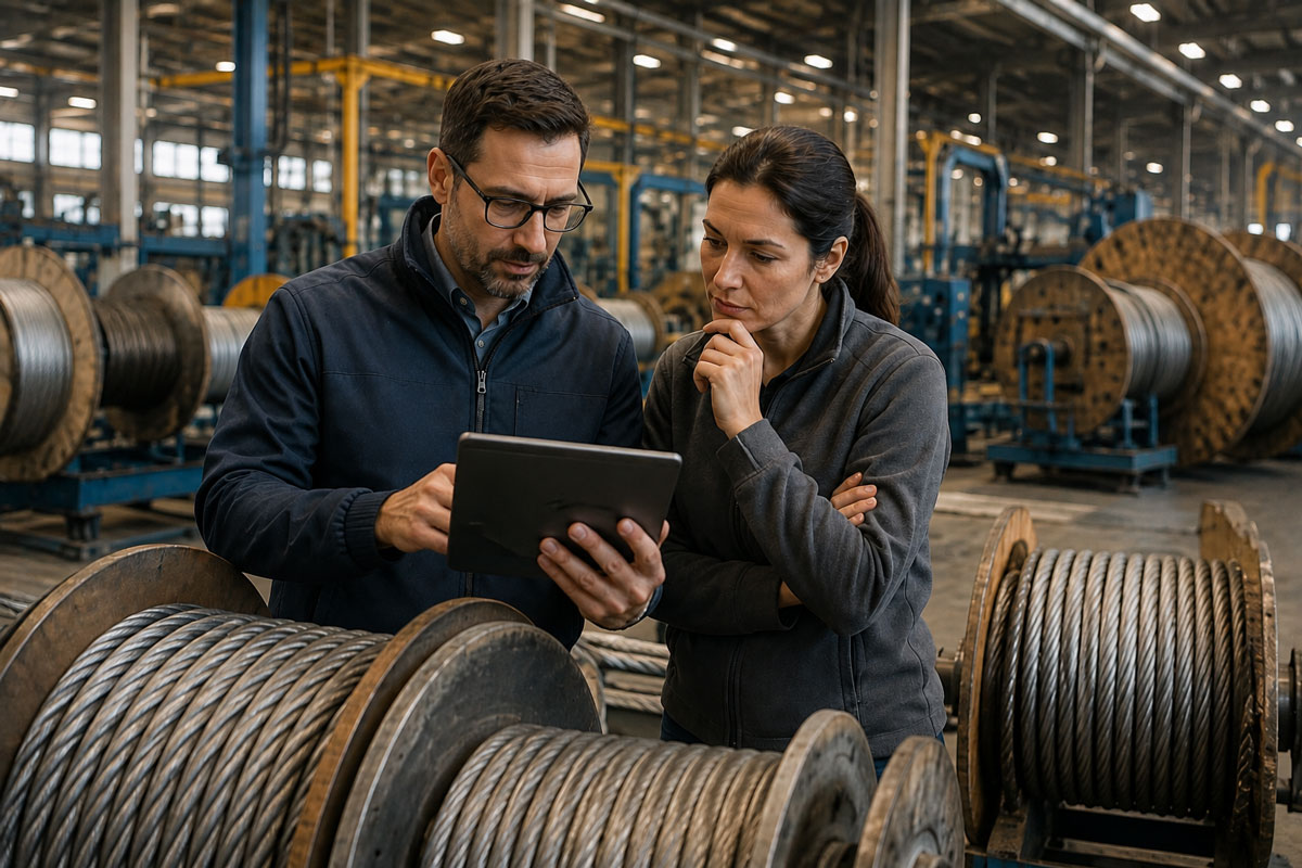 10 Questions to Ask During Your ERP Demonstration 2 The Rubicon Group man and a woman looking at a tablet in a steel cable factory Rubicon ERP Solutions